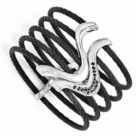 Black Titanium & Sterling Silver Black Spinel Cable Flex Cuff Bangl Bangle Bracelet
