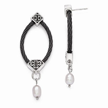 Black Titanium Sterling Silver FWC Pearl Cable Drop Earrings