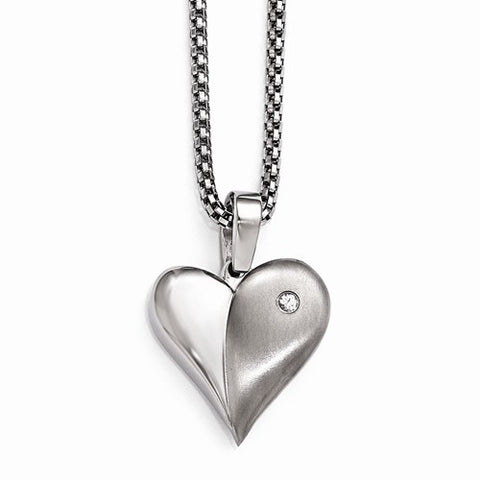 Titanium/Silver Two-Tone Wht Shapphire Heart Silver Bezel & Ext Stainle Necklace