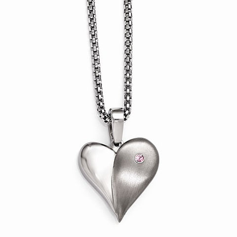 Titanium/Silver Two-Tone Pnk Sapphire Heart Sterlingsilver Bezel Nec Necklace