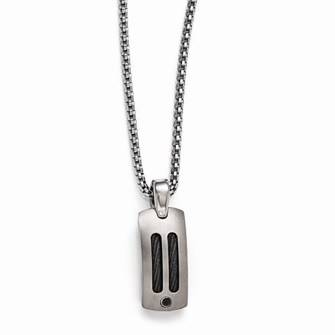 Titanium/Silver Two-Tone Black Ti Cable &Black Dia Silver Bezel Pendant Neckl Pendant, 20 inch