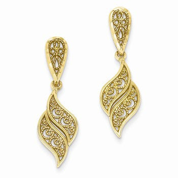 14k Yellow Gold Polished Diamond-Cut Filigree Swirl Dangle Post Earrings