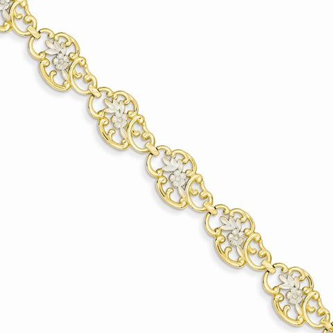 14K Yellow Gold Two-Tone Scalloped Oval with Flower Bracelet