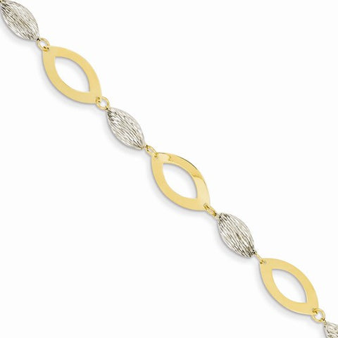 14K White & Yellow Gold Flat Marquise Link Diamond-Cut Rice Beads Bracelet