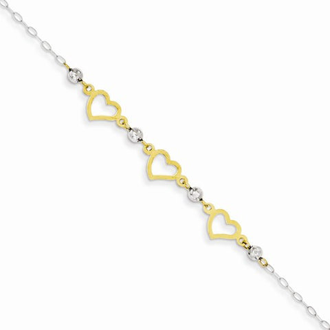 14K White and Yellow Gold Oval Link Diamond-Cut Beads and Heart Bracelet