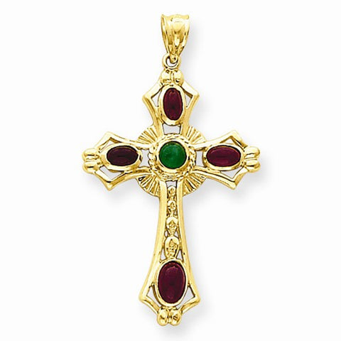 14k Gold Ruby & Emerald Cabochon Cross Pendant, Pendants for Necklace