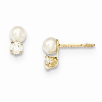 14k Yellow Gold 3.8mm Cultured Pearl & CZ Earrings