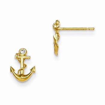 14k Yellow Gold CZ Childrens Anchor Post Earrings