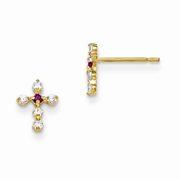 14k Yellow Gold CZ Childrens Cross Post Earrings