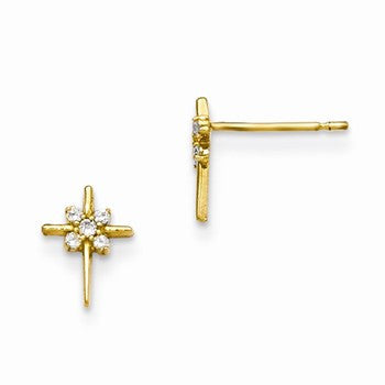 14k Yellow Gold CZ Childrens Cross Post Earrings