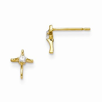 14k Yellow Gold CZ Childrens Cross Post Earrings