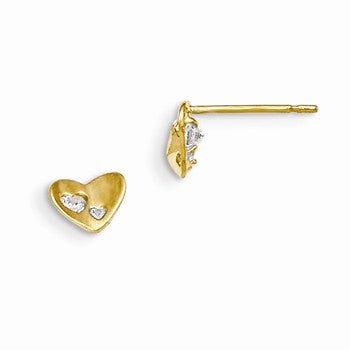 14k Yellow Gold CZ Childrens Heart Post Earrings