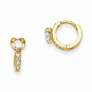 14k Yellow Gold CZ Childrens Heart Hinged Hoop Earrings