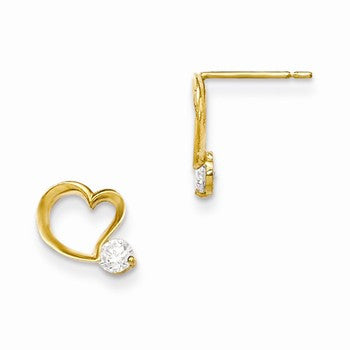 14k Yellow Gold CZ Childrens Heart Post Earrings