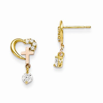 14k Yellow Gold CZ Childrens Cross Heart Post Earrings