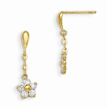 14k Yellow Gold CZ Childrens Flower Dangle Post Earrings