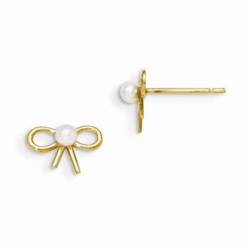 14k Yellow Gold Freshwater Cultured Pearl Childrens Bow Post Earrings
