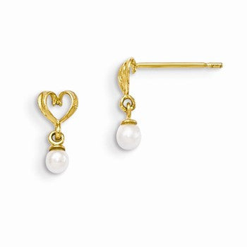 14k Yellow Gold Freshwater Cultured Pearl Heart Dangle Post Earrings