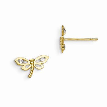 14k Yellow Gold CZ Childrens Dragonfly Post Earrings
