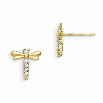 14k Yellow Gold CZ Childrens Dragonfly Post Earrings