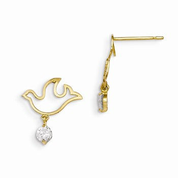 14k Yellow Gold CZ Childrens Dove Dangle Post Earrings