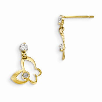 14k Yellow Gold CZ Childrens Butterfly Dangle Post Earrings