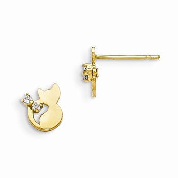 14k Yellow Gold CZ Childrens Cat Post Earrings
