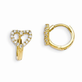 14k Yellow Gold CZ Childrens Hinged Hoop Heart Earrings