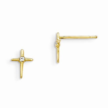 14k Yellow Gold CZ Childrens Cross Post Earrings