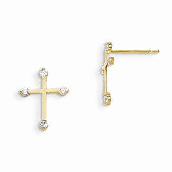 14k Yellow Gold CZ Childrens Cross Post Earrings