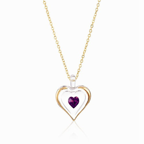 February Gold Trim Swarovski Birthstone Heart Necklace