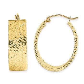 14k Yellow Gold Oval Diamond-cut Hoop Earring, Jewelry Earrings