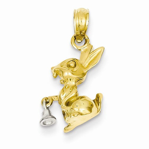 14k Gold Two-Tone Solid Polished 3-Dimensional Rabbit with Bell Pendant, Pendants for Necklace