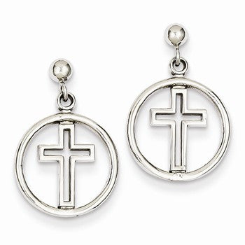 14k White Gold Polished Eternal Life Cross Dangle Post Earrings