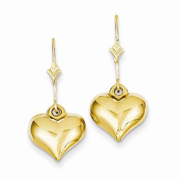 14k Yellow Gold Puff Heart Leverback Earrings