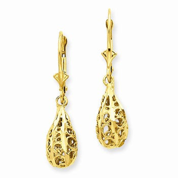 14k Yellow Gold Polished Diamond-Cut Filigree Dangle Leverback Earrings