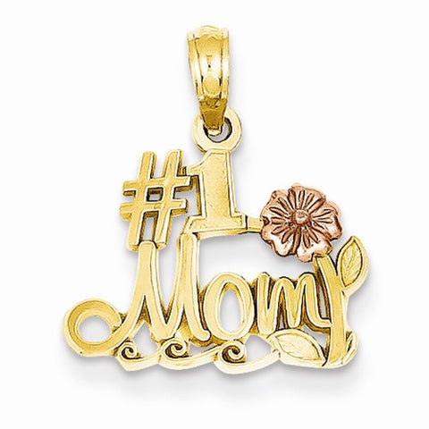 14k Gold Two-Tone Polished #1 Mom with Flower Pendant, Pendants for Necklace