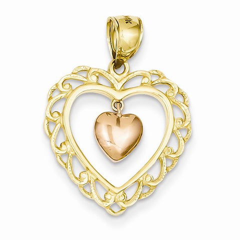 14k Gold Two-tone Dangling Heart in Scallop Heart Pendant, Pendants for Necklace