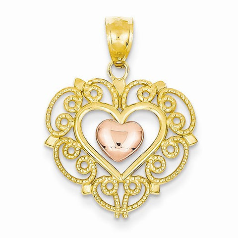 14k Gold Two-tone Lace Trim Heart with Heart Pendant, Pendants for Necklace