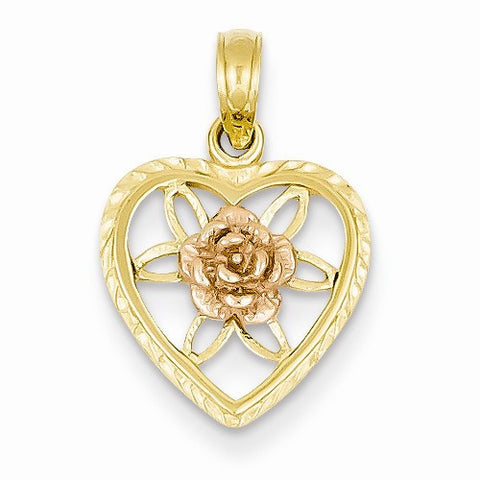 14k Gold Two-tone Cut-out Heart with Flower Pendant, Pendants for Necklace
