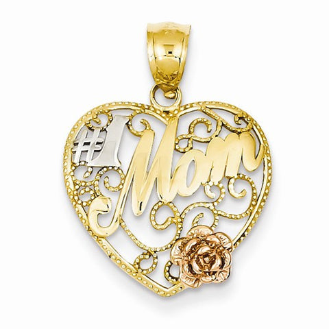 14k Gold Yellow & Rose Gold w/Rhodium #1 Mom in Heart Pendant, Pendants for Necklace