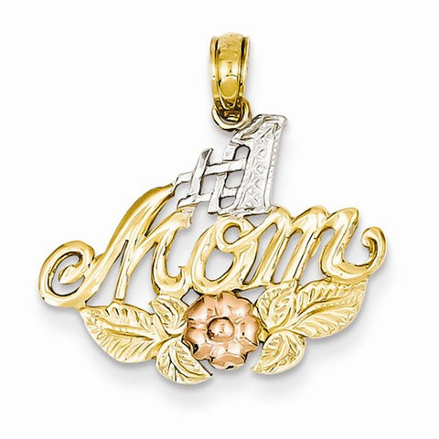 14k Gold Yellow & Rose Gold w/Rhodium #1 Mom w/Flower Pendant, Pendants for Necklace
