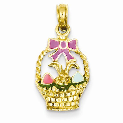 14k Gold Enameled Easter Basket with Bunny Pendant, Pendants for Necklace