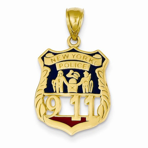 14k Gold Enameled New York Police 911 Badge Pendant, Pendants for Necklace