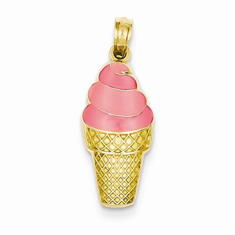 14k Gold Enameled Strawberry Ice Cream Cone Pendant, Pendants for Necklace