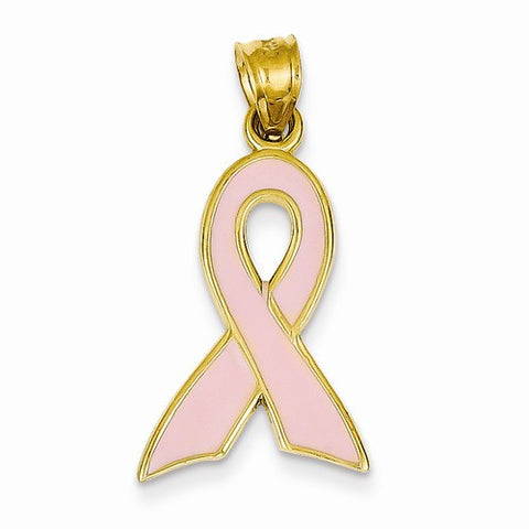 14k Gold Large Enameled Pink Awareness Ribbon Pendant, Pendants for Necklace