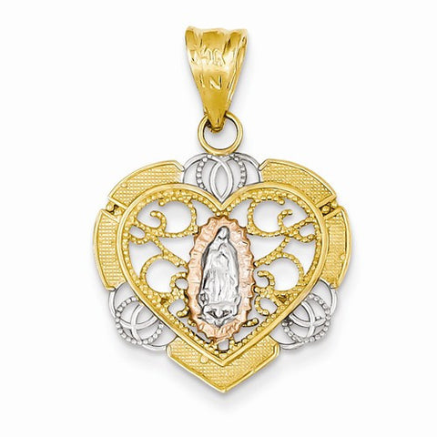 14k Gold w/Rhodium Filigree Guadalupe in Heart Pendant, Pendants for Necklace