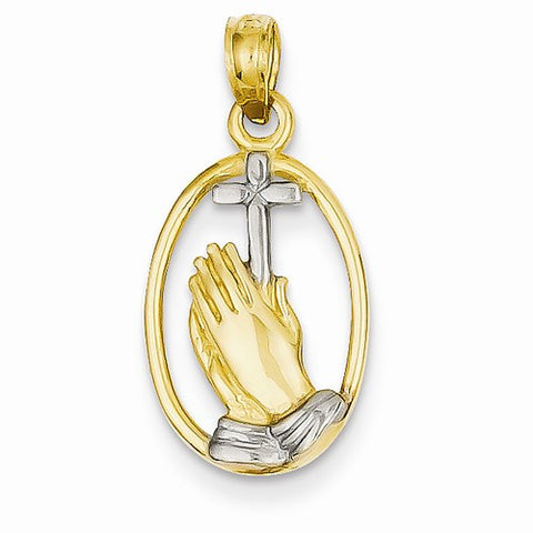 14k Gold w/Rhodium Praying Hands Cross Pendant, Pendants for Necklace