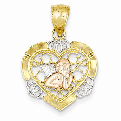 14k Gold Two-tone w/Rhodium Angel in Heart Pendant, Pendants for Necklace