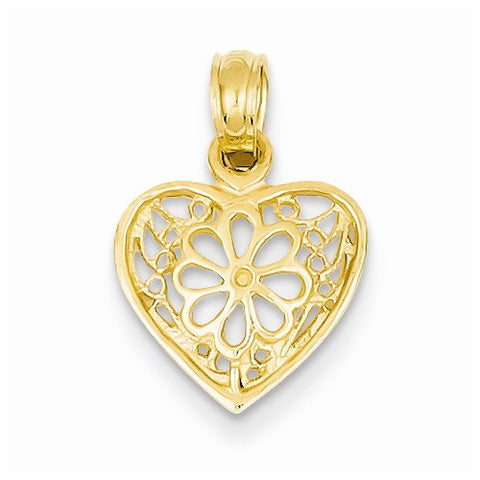 14k Gold Diamond-cut Filigree Heart w/Flower Pendant, Pendants for Necklace